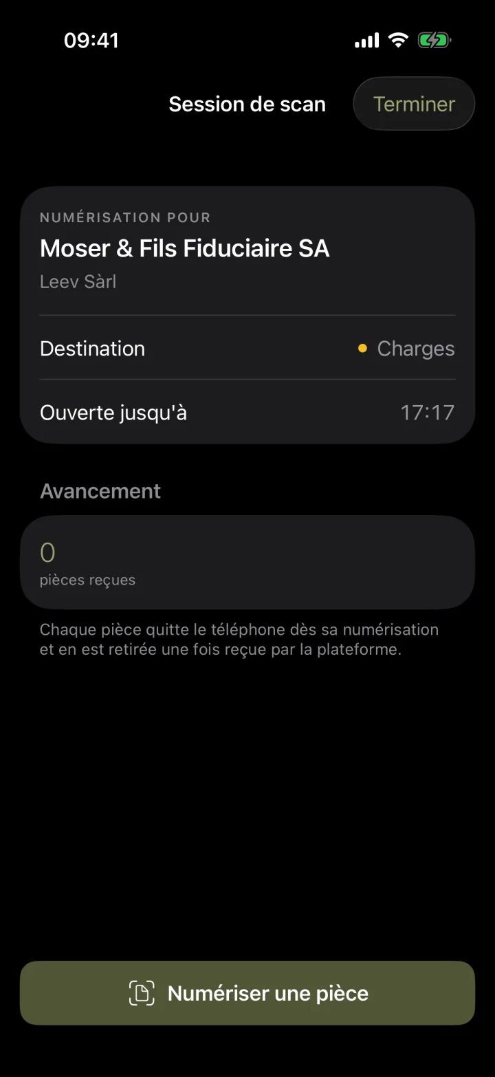 Session de scan ouverte pour un dossier de fiduciaire, avec sa destination et son heure de fin